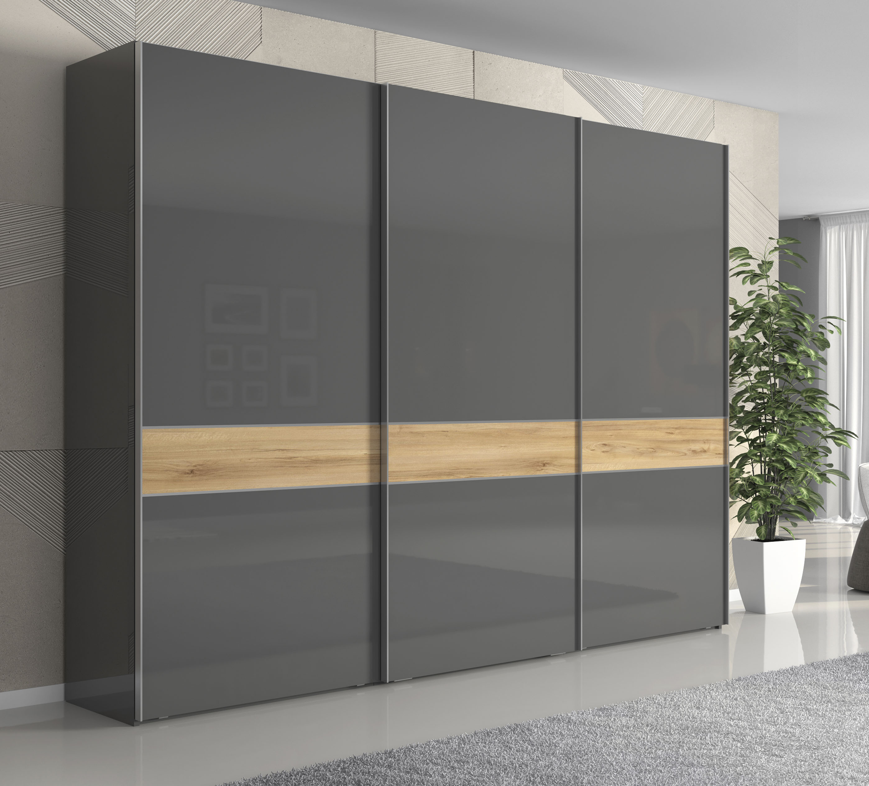Kleiderschrank OTTO HOME "Onyx, Schwebetürenschrank inklusive Innenleben, FSC-zertifiziert", grau (anthrazit, walnussfarben), B:272cm H:224cm T:61cm, Holzwerkstoff, Schränke, Kleiderschrank, UV lackiert, hochglänzend anthrazit, mit Soft-Close Funktion