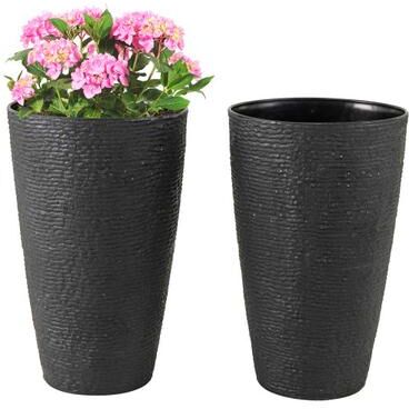 Costway 21 Inch Tall Round Plastic Planters Set of 2 Flower Pots with Drainage System-Black