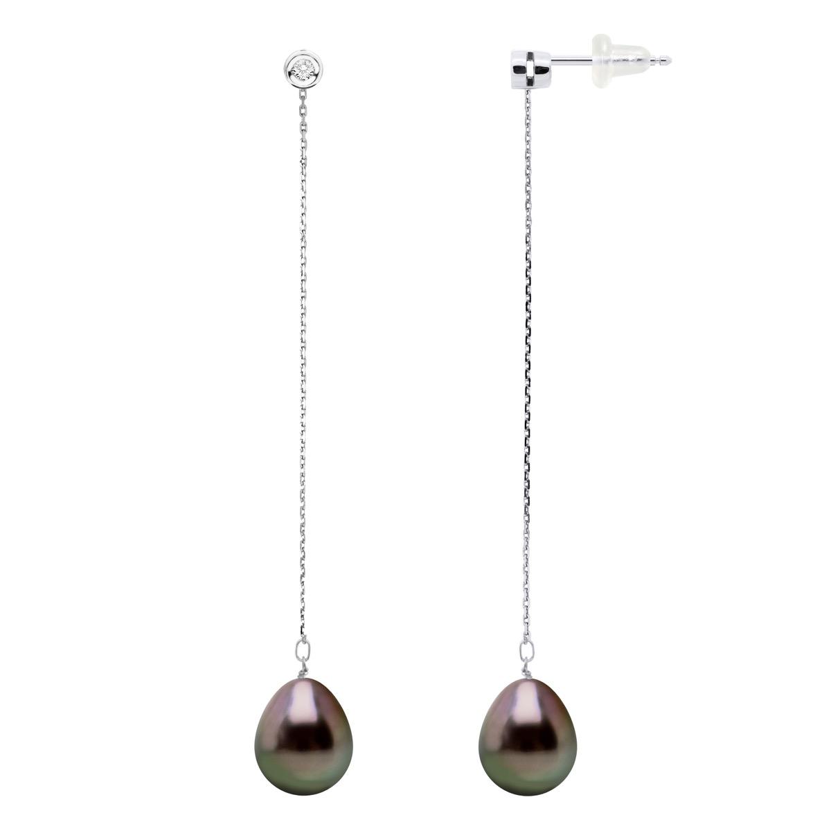 Oorbellen Prestige - Diamanten 0,02 Ct - Wit Goud - Echte GeCultiveerde Tahiti Parels Pear 9-10 mm