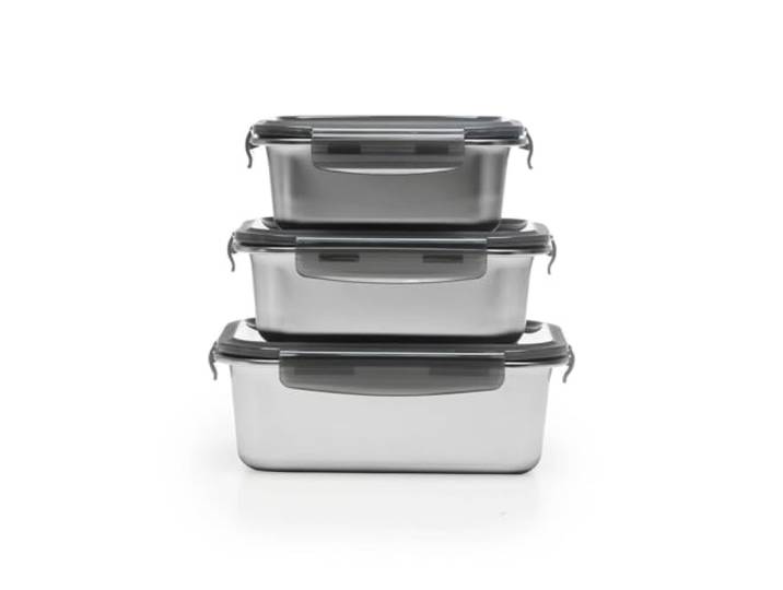 3 boîtes rectangulaires inox 800ml\, 1200ml\, 1780ml\, Couvercle Hermétique à Clips\, Compatible Four et Micro-ondes\, BPA Free