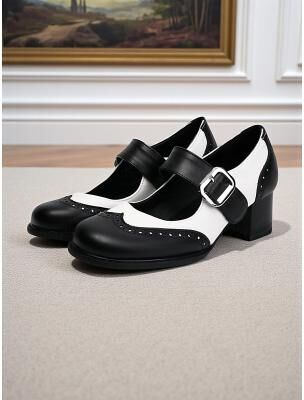 LightInthebox Women's Red and Black Mary Jane Brogue Flats – Faux Leather Retro School Shoes with Adjustable Buckle for 1960s-Inspired Outfits, Costumes, and Daily Wear