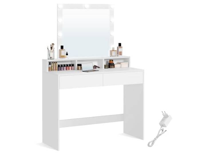 VASAGLE Schminktisch mit großem Spiegel, 2 Schubladen, 3 offene Fächer Frisiertisch, Kosmetiktisch, modern, Wolkenweiss, KAILYN Kollektion RDT164W01