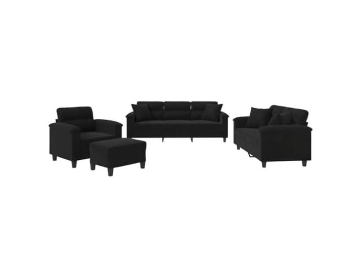 Coespram 4-tlg. Sofagarnitur Couch Set mit Kissen Schwarz Mikrofaser Bequeme Sitzgruppe für das Wohnzimmer mit Polsterhocker und Zierkissen für gemütliche Fernsehabende und Gäste.