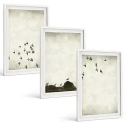 BILDER SET 3er Set - 40x60 cm Weißer Rahmen - Vögel im Flug, minimalistischer Stil