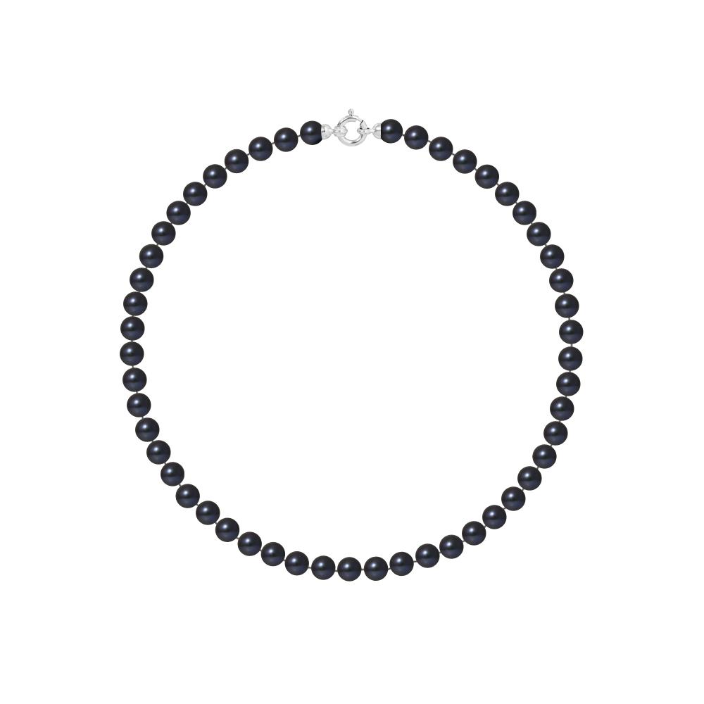 Collier Rang PRINCESSE Perles d'Eau Douce Rondes 6-7 mm Noires Fermoir Prestige Or Blanc