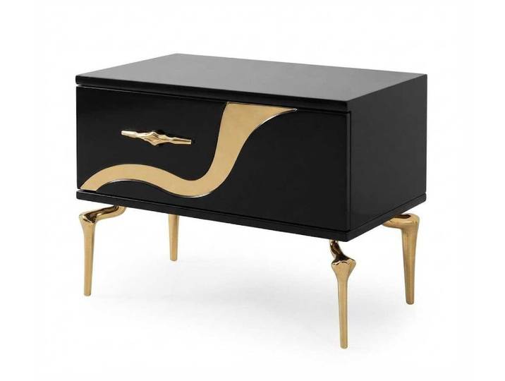 JVmoebel Nachttisch Schwarzer Nachttisch Holz Gold Details Luxus Schlafzimmer Modern (1-St., 1-tlg)
