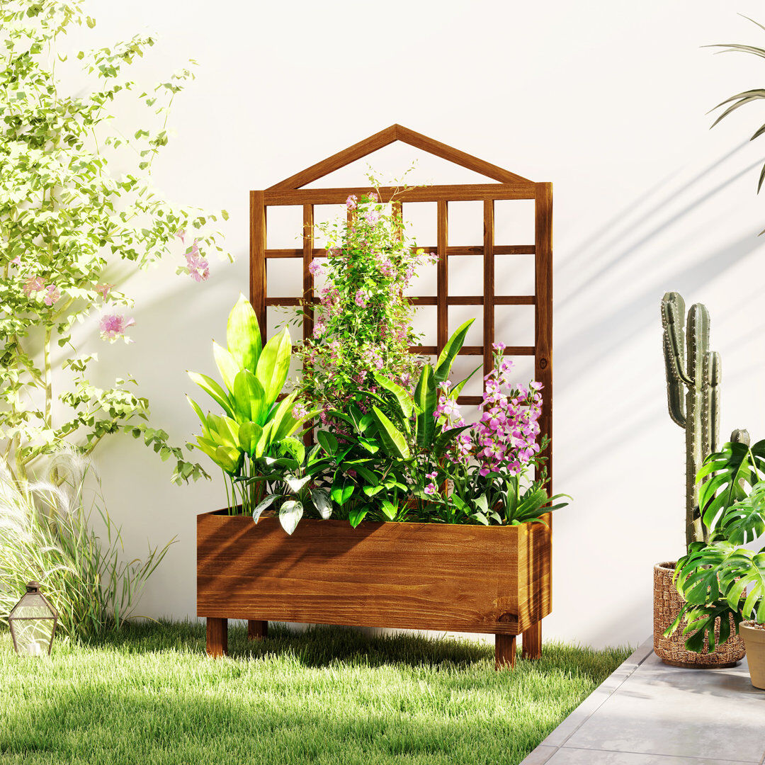 Brambly Cottage Outsunny Wooden Planters with Trellis 90x43x150cm, Distressed Brown Brown 150cm H X 90cm W X 43cm D