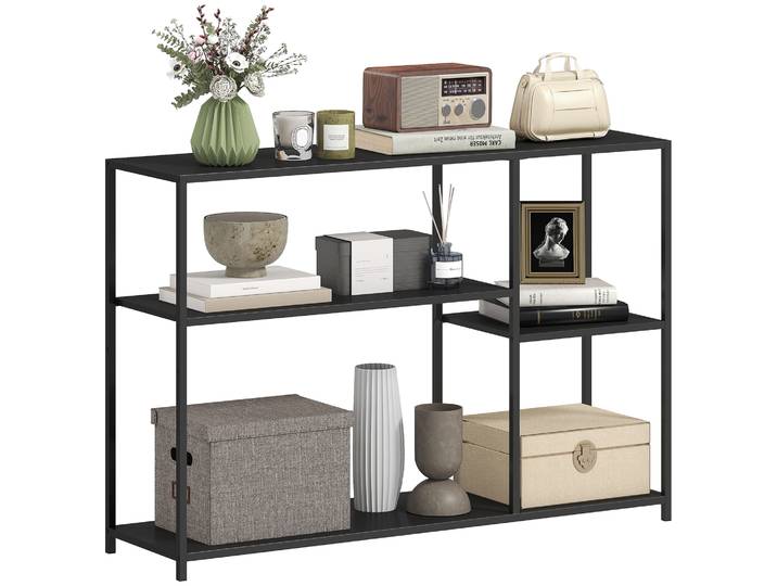 HOMCOM Console meuble, table console, console entrée étroite à 4 niveaux style industriel, cadre en acier, table d'entrée salon couloir, 110 x 30 x 75 cm, noir