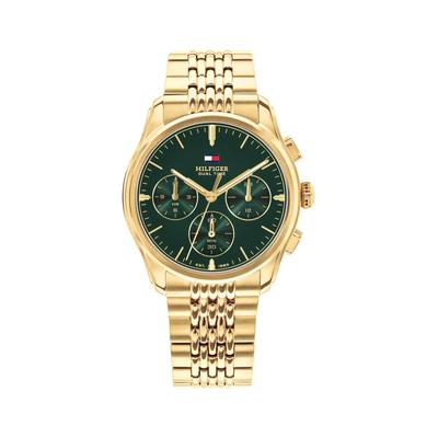 Multifunktionsuhr TOMMY HILFIGER "BRYANT", gold (goldfarben, grün, grün), Armbanduhren, Herren, goldfarben, Quarzuhr, Armbanduhr, Damenuhr, Herrenuhr, Edelstahlarmband, analog