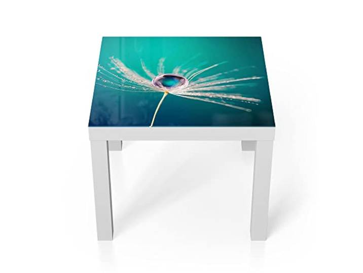 DEQORI Glastisch weiß klein 55x55 cm Motiv Samen mit Wassertropfen ausgefallener Beistelltisch aus Glas Hochglanz Couchtisch fürs Wohnzimmer moderner Couch Tisch mit Design