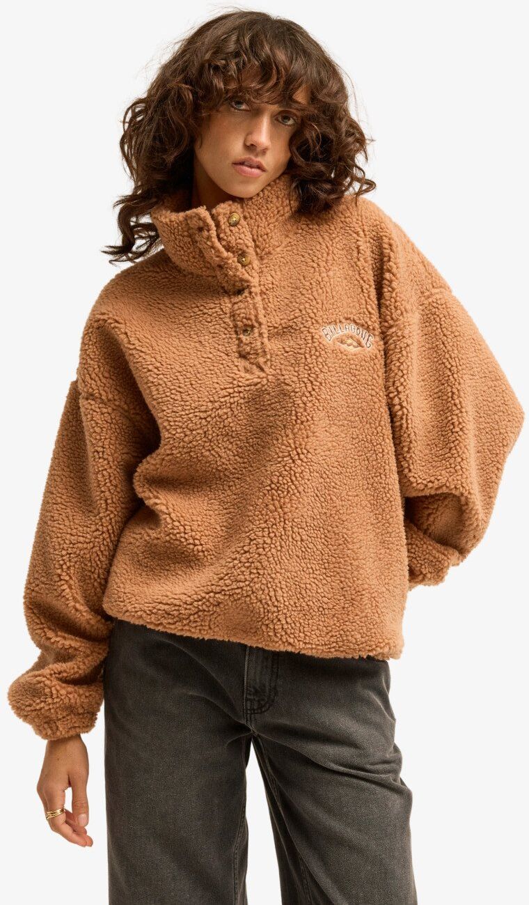 Fleecepullover BILLABONG "RUN THE ROAD", Damen, Gr. L, braun (sugar almond), Obermaterial: 100% Polyester, unifarben, bequem, Bündchen, Sweatshirts Fleecepullover, sportlich, mit kurzer Knopfleiste, auch in grossen Grössen sugar almond L