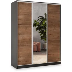 SCHWEBETÜRENSCHRANK SORE 160/205/58 cm 3-türig mit Spiegel und 4 Schubladen Schwarz