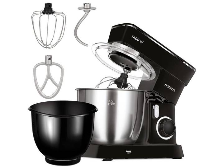 MPM Stabmixer MPM MRK-25 Küchenmaschine mit 2 Schüsseln 1400 W Schwarz, 10 Geschwindigkeitsstufen, 3 Rührelemente, Metallgehäuse