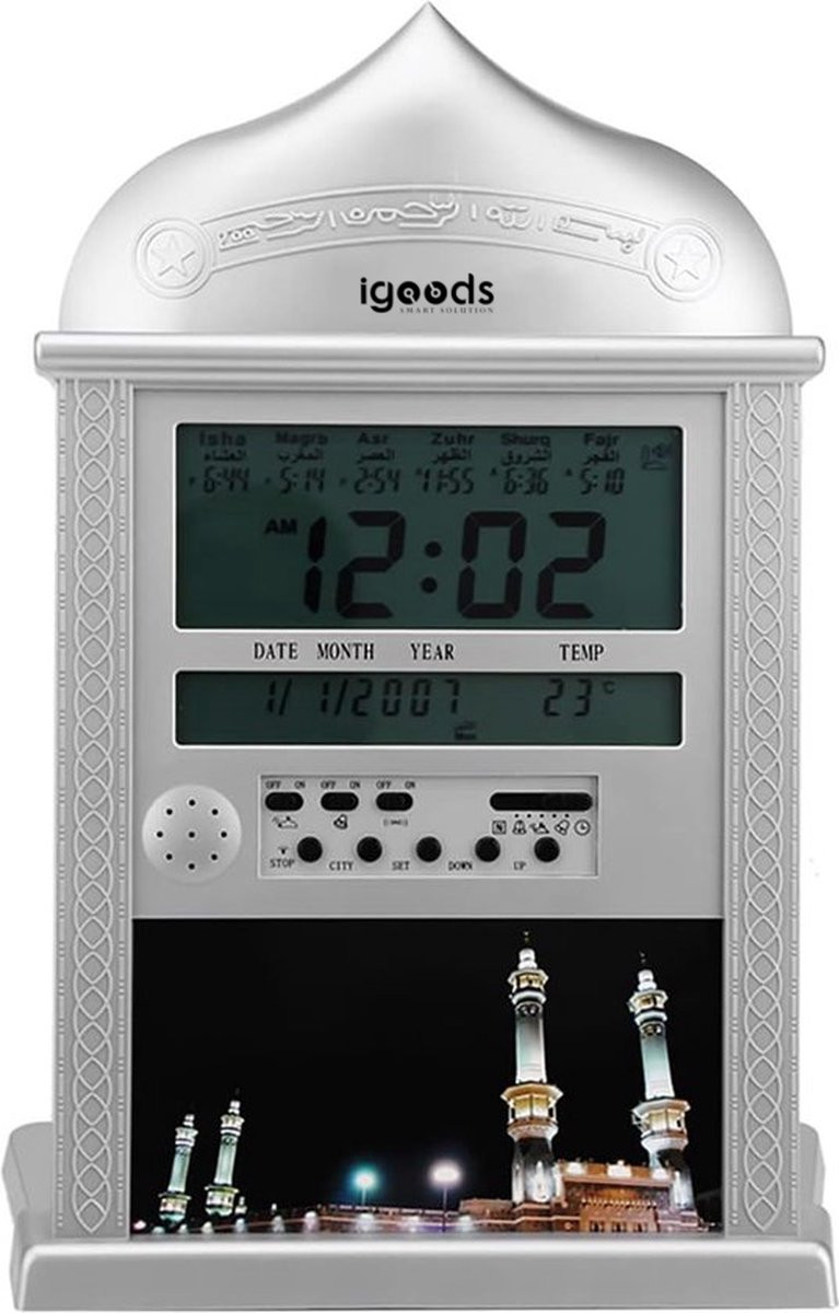 Igoods AL Harameen Gebedsklok - Moslim Azan Klok met 1150 Steden - LED Decoratieve Klok - Zilver