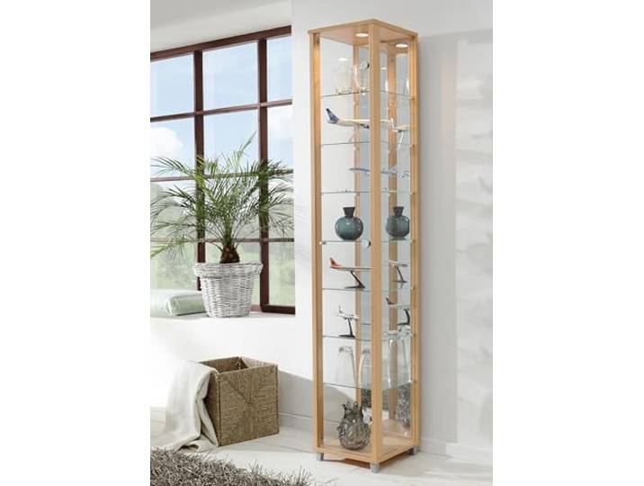K-Möbel VR-Wohnwelten Glasvitrine (172x32x33 cm) in Buche Dekor mit 7 Glasböden, Spiegel und LED - Modellauto Vitrine - Vitrinenschrank Buche - Sammlervitrine - Wohnzimmerschrank Regal Wand Schrank