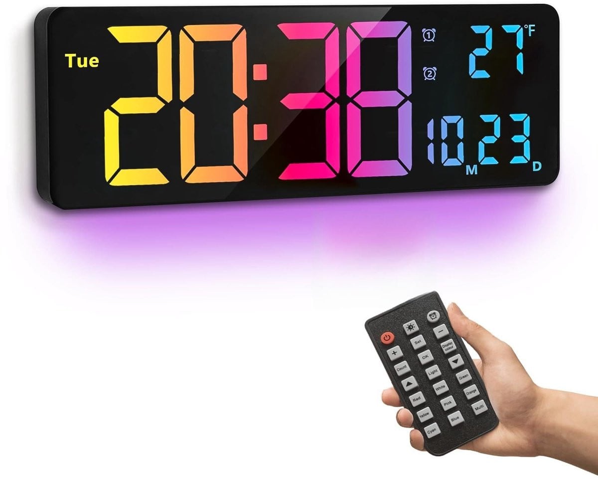 Solidchoice Digitale Wandklok 16 Inch met 11 RGB Kleuren en Temperatuurweergave