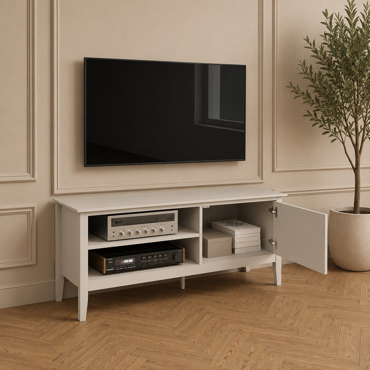 Large Taupe Wooden Fluted TV Cabinet / Media Unit - 120cm x 50cm (47" TV's) - Hales Taupe Range Manufactured Wood, Metal