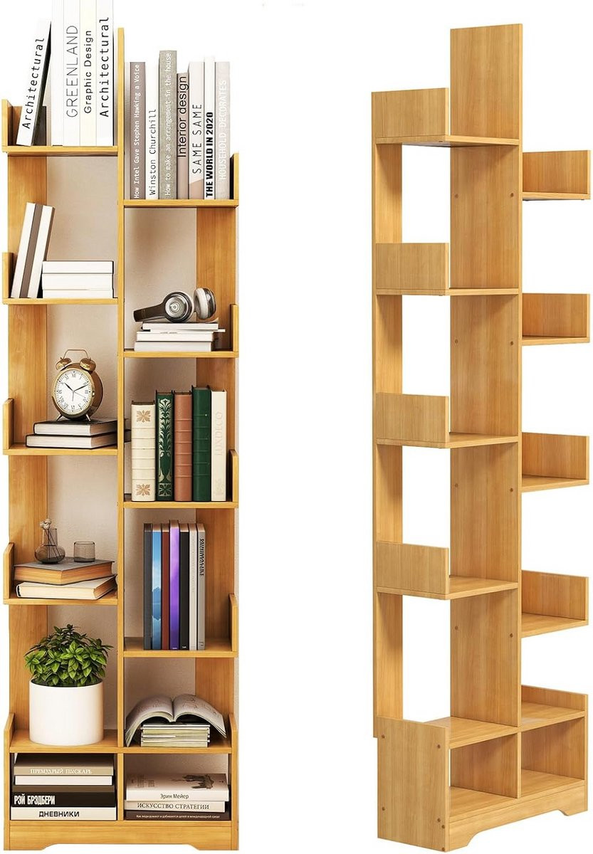 Houten Boekenplank met 10 Niveaus voor Hoek en Woonkamer, Hoogte: 144 cm
