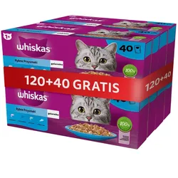 WHISKAS Adult Sachets 120x85g + 40x85g GRATIS Fishy Treats - Nassfutter für ausgewachsene Katzen in Gelee (Stücke mit: Lachs, Thunfisch, Kabeljau, Weißfisch)