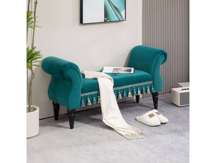 Banquette Vintage avec Accoudoirs - ELVMI - Assise Rembourrée Bois Massif Aspect Velours Vert 117 × 40 × 58 cm