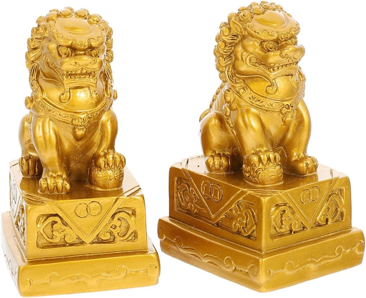 Paar Gouden Leeuwen Beeldjes met Traditioneel Chinees Design voor Decoratie op Tafel