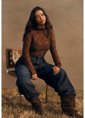 Plus Size Women's Floral Lace Mesh Funnel Neck Top by June & Vie in Chicory Coffee (Size 30/32)