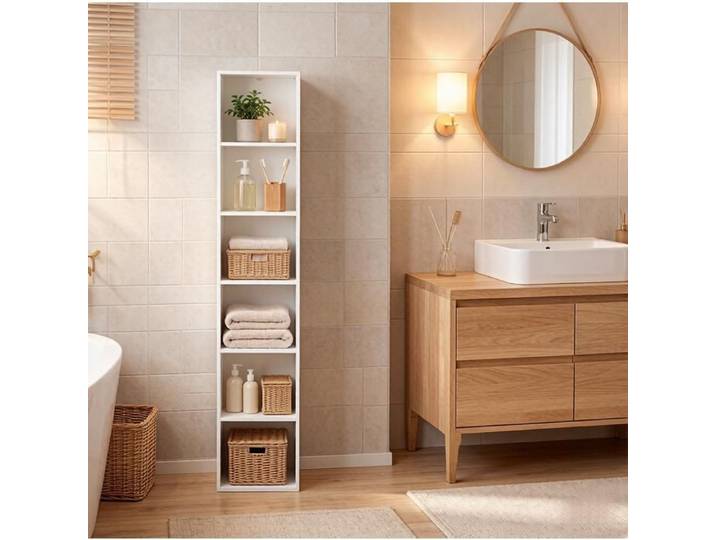 Meuble rangement bibliothèque étroite 6 compartiments étagère colonne blanche 30x24x158 4 cm MDF mélaminé ORVRYN