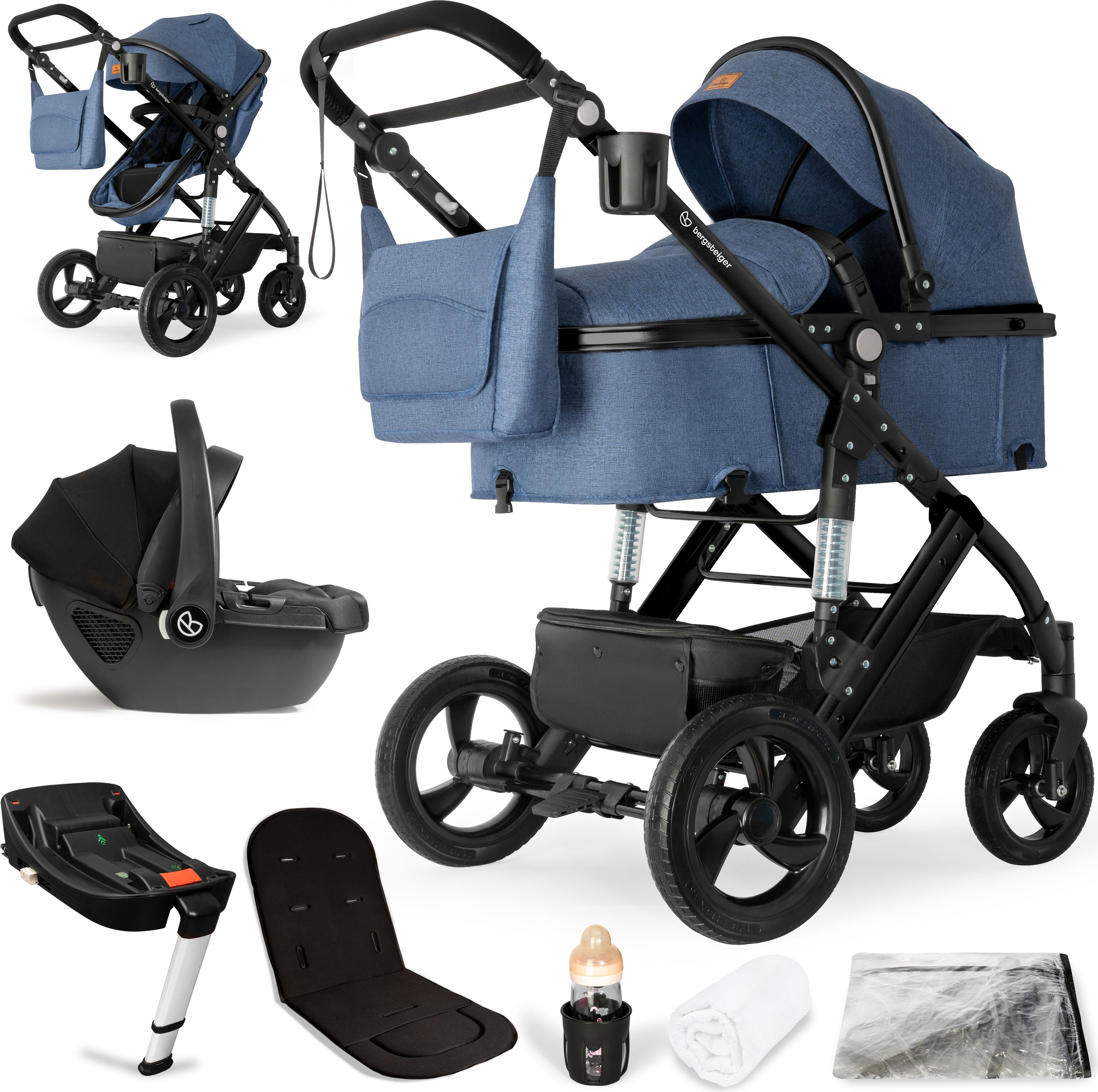 Bergsteiger Nizza 3 in 1 Kinderwagen, Kombikinderwagen Komplettset, Babywanne & Buggy Sportsitz inklusive, Auto-Babyschale & Isofix Station optional