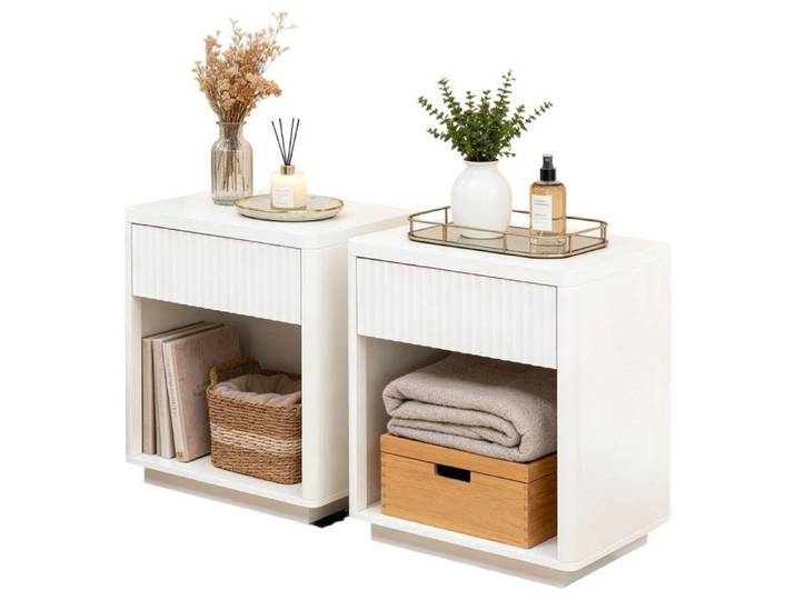 Table de chevet - Lot de 2 pièces - Tiroir profond - Étagère ouverte - Design à panneaux ondulés