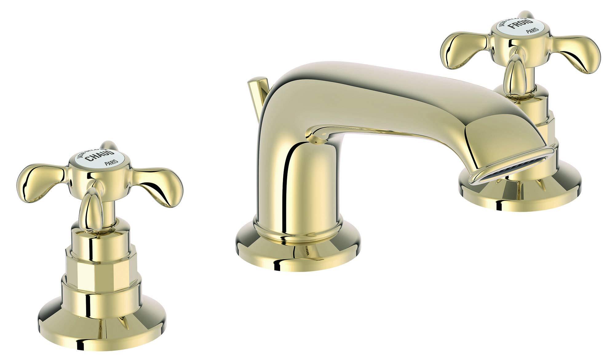 3-Loch Waschtischarmatur, Kreuzgriffe, Beige-Gold, 5 l/min