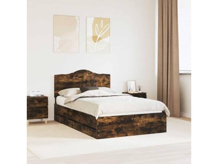 RJPLMFV Bettgestell, rauchfarbene Eiche, 120 x 190 cm, Holz Mit Stauraumschubladen, festen Lamellen, Bodenmontage, einfache Pflege