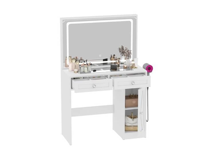 BALCONERA Coiffeuse avec Miroirs- avec éclairage LED- 2Tiroirs- 1 armoire- plateau de table en verre-Blanc-80 x 40 x 143cm
