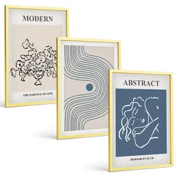 BILDER SET 3er Set - 40x60 cm Goldrahmen - abstrakte Poster mit Blumenlinien