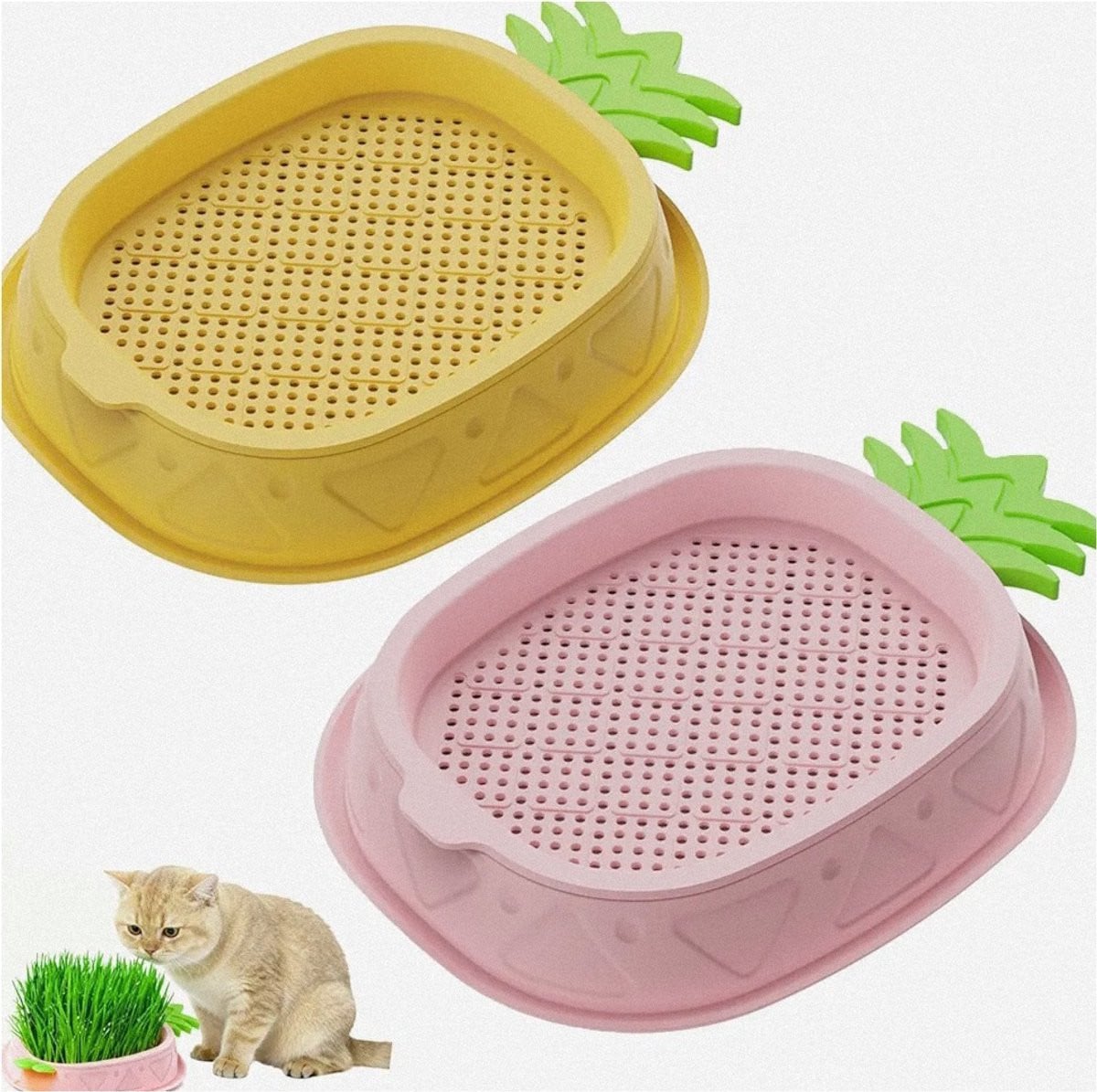 Set van 2 roze ananas plantenbakken voor kattengras of kattenkruid