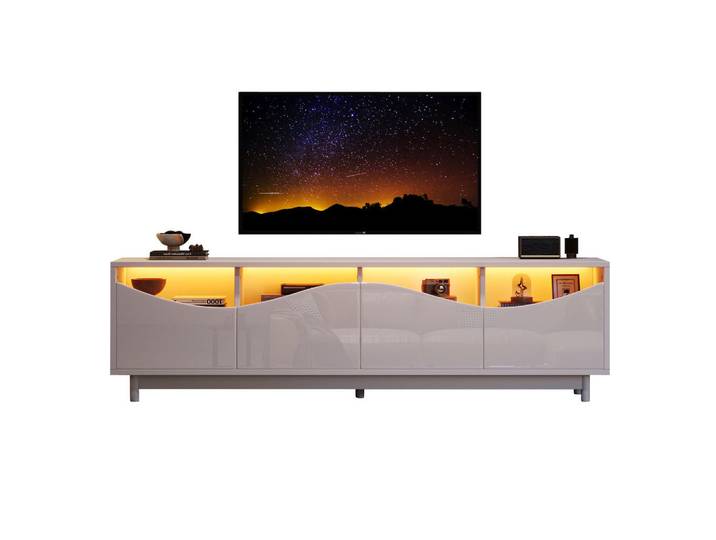 Flieks Tv-Schrank 175x38cm geschwungenes Design Hochglanzweiß LED Glastür, Weiß, Holz, 49x27.94x61.98 cm, Wohnzimmer, TV Möbel, Lowboards, Lowboards stehend