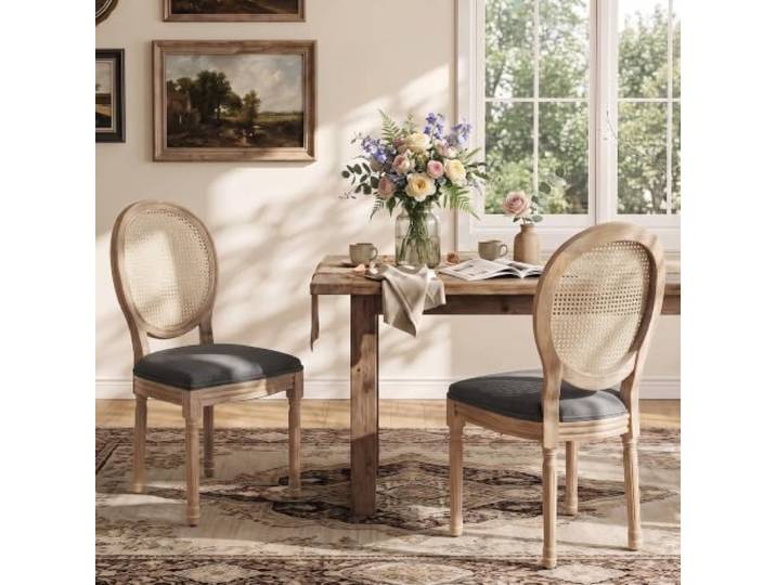 SoarTalent 2er Set Esszimmerstühle Rattan Ovalrücken, Dunkelgrau Im französischen Landhausstil gefertigt, mit geschwungener ovaler Rückenlehne aus Rattan. Die gepolsterte Sitzfläche