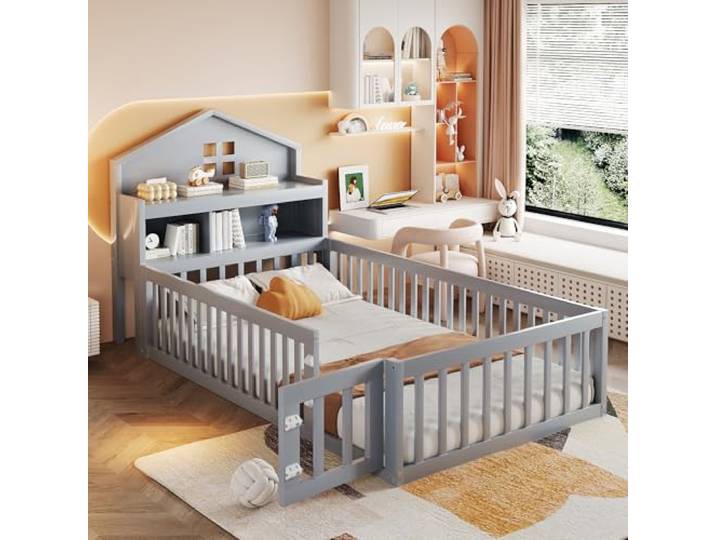 Ball & Cast Bodenbett (90x200 cm), Jugendbett und Hausbett mit Einlegeböden & Stauraum, Kinderbett 90x200 mit rausfallschutz, ohne Matratze, Grau
