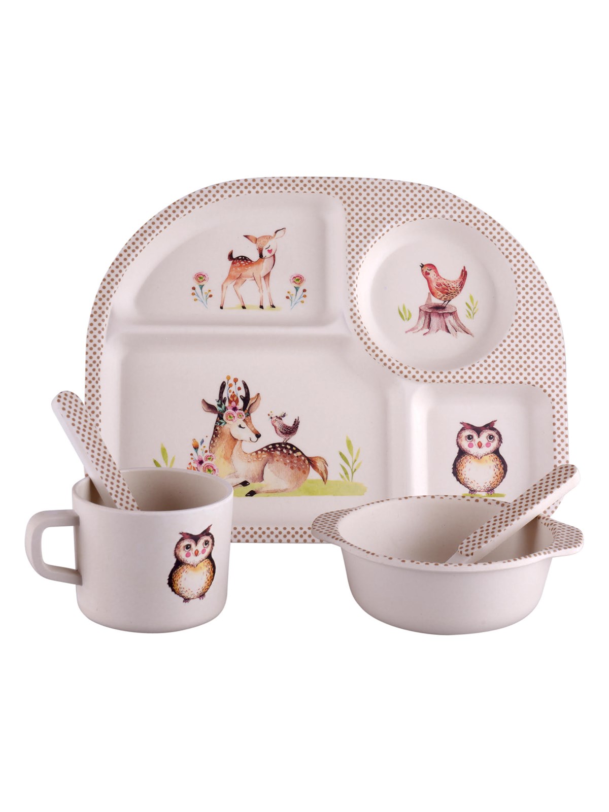 Little Woodies Wood Friends - Mealtime Set w. 4 Room Plate - 5pcs