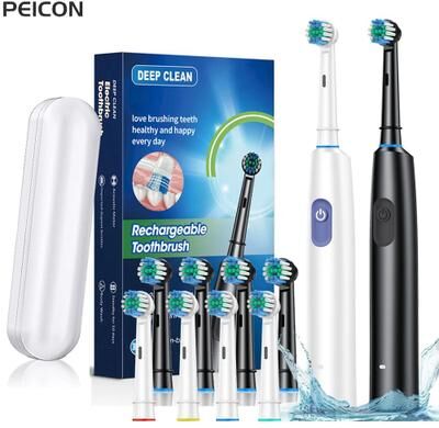 Inspired Living Rotating Electric Toothbrush For Adults, Rechargeable Spin Brush With 8 Soft Brush Heads black 4 Heads