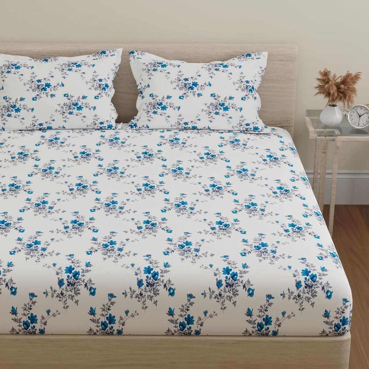 Katoenen Laken Tweepersoons met Bloemenpatroon in Wit Blauw