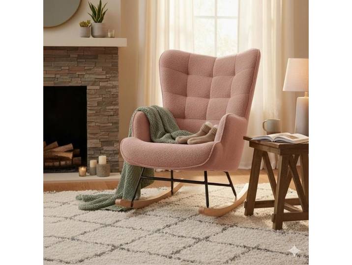Fauteuil à Bascule - Scandinave - Dossier Capitonnée en carré - Balancelle Relaxante - 68x75x92cm - Velours Teddy Rose