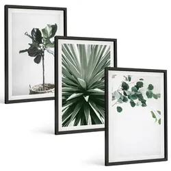 BILDER SET 3er Set - 40x60 cm Schwarzer Rahmen - Minimalismus mit grünen Pflanzen