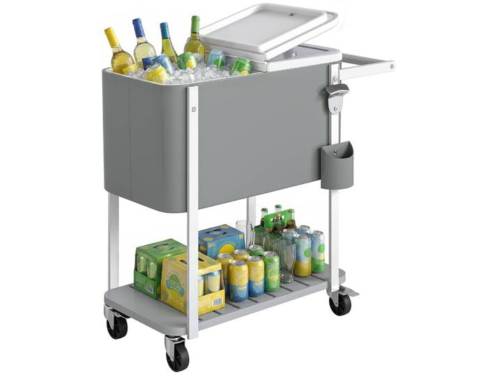 Chariot isotherme Outsunny 56L avec roulettes, chariot à boissons avec étagère, ouvre-bouteille, collecteur de couvercles, égouttoir et poignée, table isotherme de jardin pour terrasse, fête,