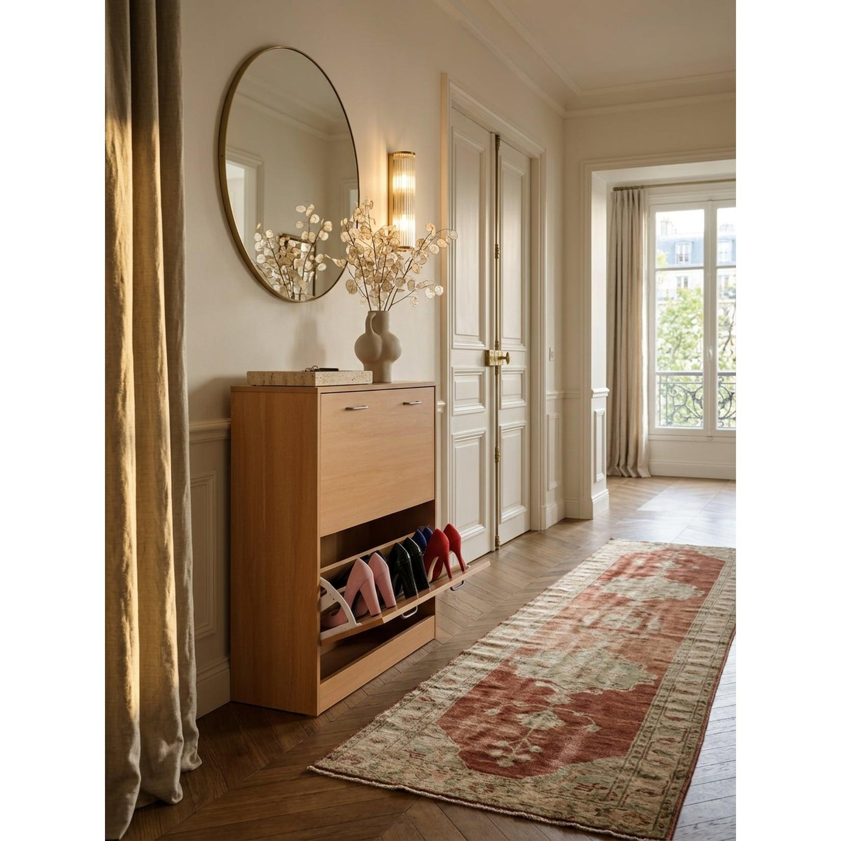 Schuhkipper Holz mit 2 Klappen und Ablage, Buche 75x24x87 cm