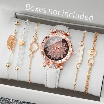 Multicon Wholesale Hub Fashion Heart Dial Analog Quartz Watch, Womens Casual Leather Band Watch With Leaf Bracelets Set Without Box b White No Box