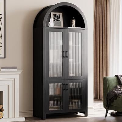 FURNIWAY "71"" Tall Arched Cabinet with Glass Doors, Modern Farmhouse Arched Bookcase Storage with Shelves, Pantry Cabinet"