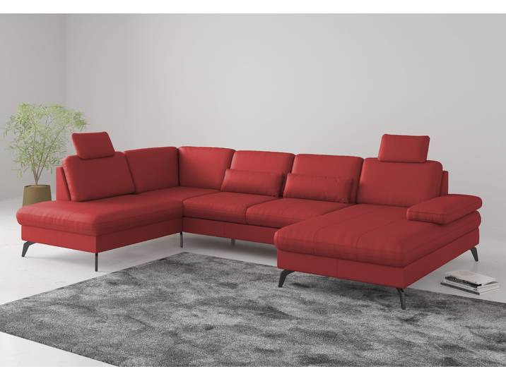Wohnlandschaft, Feuerrot, 335x212 cm, Naturleder, Mit Armteilfunktion & Bettkasten, Modern, SIT & MORE