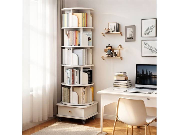 Bibliothèque Rotative 360° avec Tiroir et Roulettes - HAVRYA - Rangement en MDF Blanc 46 × 46 × 173 cm