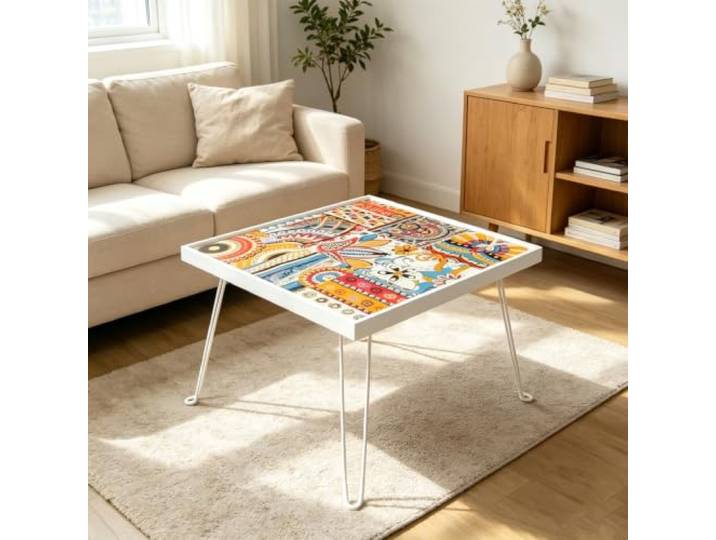 Quadratischer Couchtisch mit Kunstbemalung, tragbarer faltbarer Dekortisch Couchtisch funktional&dekorativ,sofort einsatzbereit,platzsparend klappbar mit stabiler Rahmenkonstruktion(White)