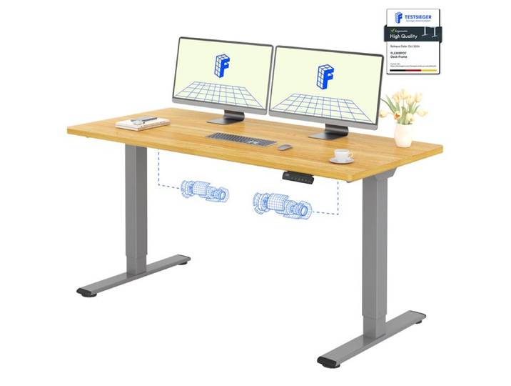 FlexiSpot Bureau Assis Debout avec 2 Moteurs 160x80 Une Pièce 100kg Charge Panneau de Contrôle Fonctions Mémoires Gris+Maple